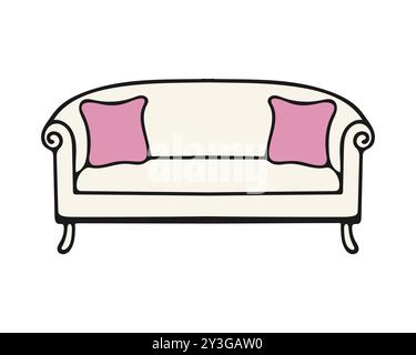 Modernes Sofa mit rosafarbenen Kissen, gemütlicher Platz für Ruhe und Entspannung, Element des Innenraums, isoliert auf weißem Hintergrund. Handgezeichnete Konturkritzelzeichnung. Vektorabbildung Stock Vektor