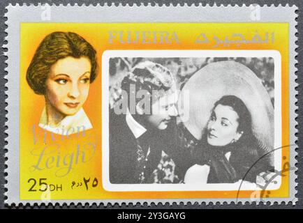 Gestempelte Briefmarke von Fujairah (Fujeira), die Filmstar Vivien Leigh, um 1972 zeigt. Stockfoto