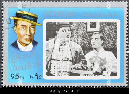 Gestempelte Briefmarke von Fujairah (Fujeira), die Filmstar Buster Keaton, um 1972 zeigt. Stockfoto