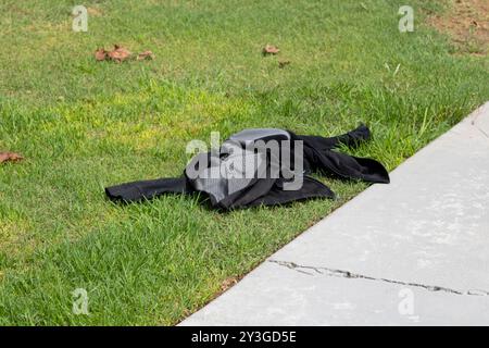 Schwarze und graue Jacke liegt auf dem Gras Stockfoto