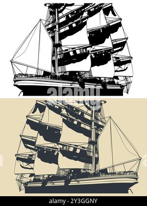 Stilisierte Vektor-Illustrationen eines großen Segelschiffes aus der Nähe Stock Vektor