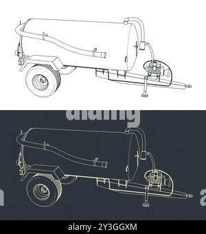 Stilisierte Vektorabbildungen von Bauplänen eines Güllstreuers Stock Vektor