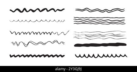 Schwarze handgezeichnete Wellen- und Zickzacklinien isoliert auf weißem Hintergrund. Konzept abstrakter Strichkunst, minimalistisches Design, Skizzenillustration, Artisti Stock Vektor