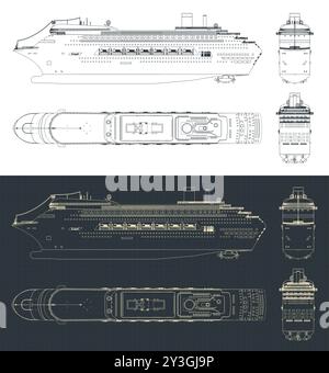 Stilisierte Vektorillustrationen von Blaupausen eines großen Kreuzfahrtschiffes Stock Vektor