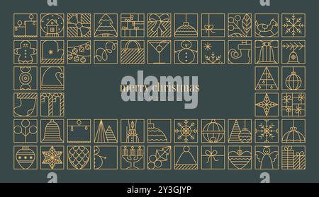 Elegantes Poster für Weihnachtsgrüße, Bannervorlagen. Luxus-Weihnachtsvektor-Hintergrund mit Weihnachtsbaum, Kugeln Spielzeug, Schneemann. Stock Vektor