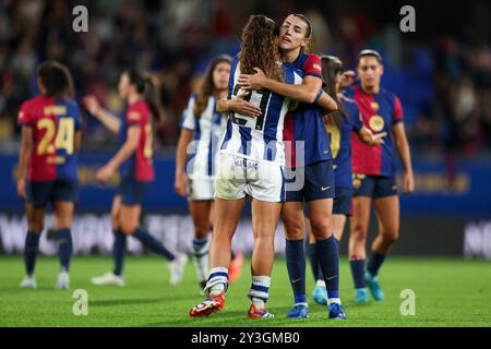 Barcelona, Spanien. September 2024. Barcelona, Spanien, 13. September 2024: Emma Ramirez (21 Real Sociedad) und Patri Guijarro (12 FC Barcelona) während des Liga-F-Fußballspiels zwischen FC Barcelona und Real Sociedad im Johan Cruyff Stadium in Barcelona, Spanien (Judit Cartiel/SPP). /Alamy Live News Stockfoto