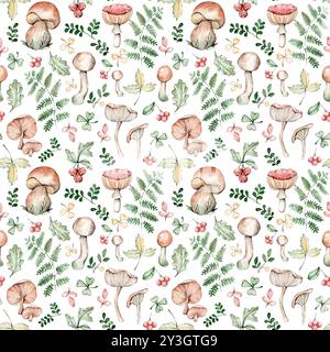Nahtloses Muster mit Aquarellpilzen, Blättern, Beeren und Farn Stockfoto