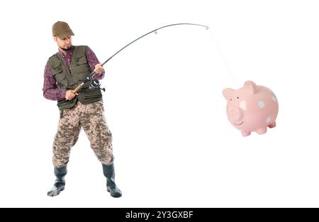 Fischer fangen Schweinebank mit Stange auf weißem Hintergrund. Geldjagd, Geschäftserfolg-Konzepte Stockfoto