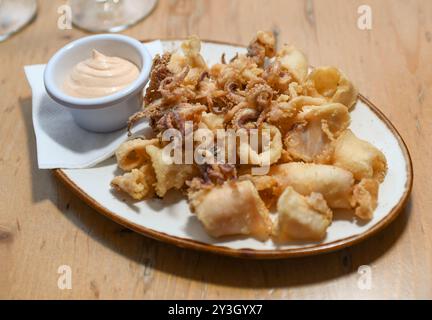 Eine Portion gebratener Tintenfisch mit Knoblauchsoße in einem europäischen Restaurant Stockfoto