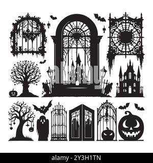 Set von Halloween Fenstersilhouetten isoliert auf einem weißen Hintergrund, Vektor-Illustration. Stock Vektor