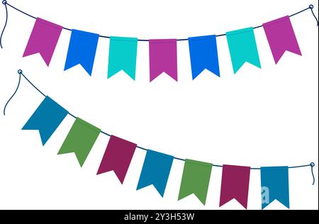 Bunte Wimpelgirlanden am Seil in trendigen hellen Farben. Set mit 2 Designelementen für Grußwünsche, isoliert auf weiß. Vektor-Illustrationskarten, Poster, Banner, Broschüren, Preisschild, promotion, Label oder Web Stock Vektor