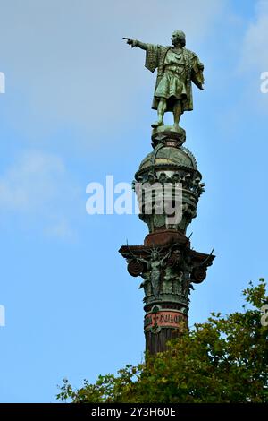 Die 60 m/197 Fuß hohe Bronzestatue Christopher Columbus Monument während der Louis Vuitton 37th Americas Cup Yacht Racing Regatta Barcelona Spanien. Stockfoto