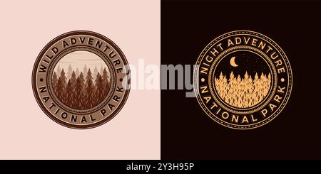 Outdoor Adventure Logo Vektor Illustration Design. Exklusives Vintage Pine, Pin Stock Vektor