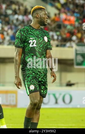 UYO, NIGERIA - 7. SEPTEMBER: Boniface Sieger von Nigeria beim Qualifikationsspiel des Afrikapokals 2025 {AFCON} zwischen Nigeria und Benin Rep Stockfoto