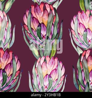 Nahtloses Muster von Aquarellfarben Hellrosa Protea Blumen. Unangenehmer Hintergrund. Handgezeichnet Stockfoto