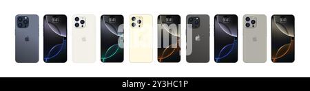 IPhone 16 Pro Max Set Mockup. Rückseite und Vorderseite des Telefons. iphone mit tiefschwarzem Titanium, weißem, goldenem, grauem Mock-up-Bildschirm. Hohe Qualität. Offiziell Stock Vektor