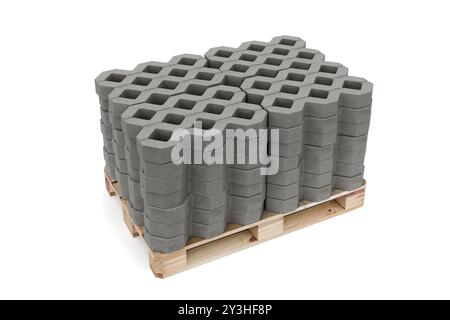 Palette mit Blöcken aus Betonrasenfertigern. Stapel von durchbrochenem Raster isoliert auf weißem Hintergrund - 3D-Rendering Stockfoto