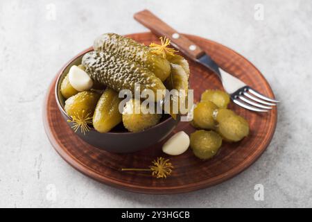 Hausgemachte ganze kleine eingelegte Gurken auf grauem, strukturiertem Hintergrund Stockfoto
