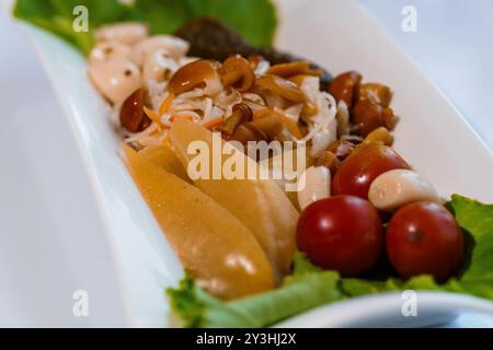 Gourmet-Teller mit eingelegtem Gemüse mit verschiedenen Pilzen und frischen Kirschtomaten auf Salat. Stockfoto