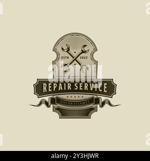 Mechanisches Logo Vektor-Illustration im Vintage-Stil, Autoreparatur Service Logo Konzept. Handgezeichnetes Vintage-Logo für Kfz-Service-Werkstatt Stock Vektor