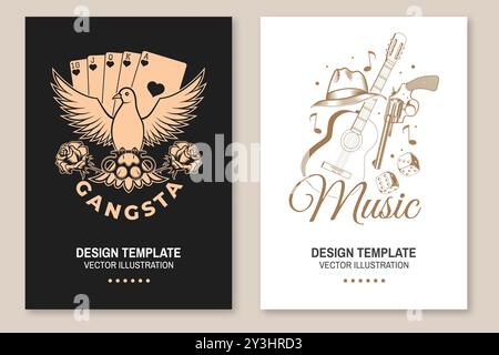 Lucky and Music Poster. Vintage-Druck, Logo, Abzeichen-Design mit Rose, Taubenknöchel und Poker-Spielkarte, Silhouette. Vektorabbildung. Stock Vektor