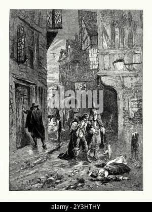 Ein alter Gravur einer Straßenszene während der Großen Pest von London, England, Großbritannien um 1655. Es stammt aus einem viktorianischen Geschichtsbuch aus dem jahr 1900. Eine Frau liegt tot oder stirbt auf der Straße. Die Bubonic-Pest dauerte von 1665 bis 1666 an und tötete innerhalb von 18 Monaten etwa 100.000 Menschen – fast ein Viertel der Londoner Bevölkerung. Sie wurde durch den Biss eines Rattenflohs oder von Körperläusen verursacht. Es gab keine sanitären Einrichtungen und offene Abflüsse flossen entlang der Mitte der Straßen. Der Gestank war überwältigend, und die Leute gingen mit Taschentüchern (Nasenschwulen) herum, die ihnen gegen das Gesicht gepresst wurden. Stockfoto