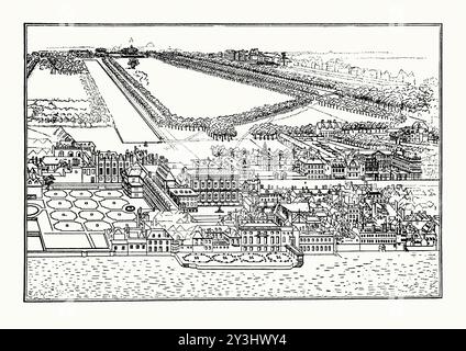 Eine alte Gravur des Palace of Whitehall und seiner Anlage in London, England, Großbritannien Anfang der 1600er Jahre Es stammt aus einem viktorianischen Geschichtsbuch aus dem jahr 1900. Der Palace of Whitehall – oder White Hall – am Ufer der Themse bei Westminster war von 1530 bis 1698 die Hauptresidenz der englischen Monarchen, als die meisten Gebäude, mit Ausnahme des Banketts von Inigo Jones von 1622, durch Feuer zerstört wurden. Heinrich VIII. Verlegte die königliche Residenz in die Weiße Halle, nachdem die alten königlichen Wohnungen im nahe gelegenen Palace of Westminster selbst durch Feuer zerstört worden waren. Stockfoto