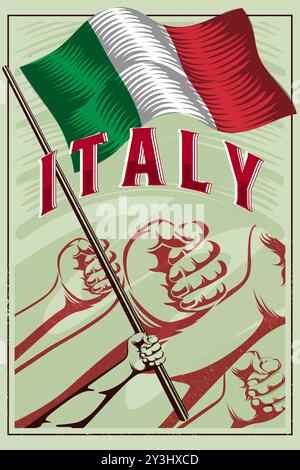 Nationalflagge italiens im Vintage-Poster-Design. Posterabbildung der Trikolore der italienischen Flagge im Retro-Stil. Stock Vektor