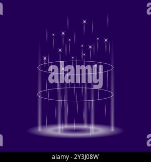 Vektor-Level-up-Effekt. Realistisches Teleportationsportal. Helle Aura und leuchtendes Hologramm. Weiße Energiekreise und -Strahlen auf blauem Hintergrund. Stock Vektor