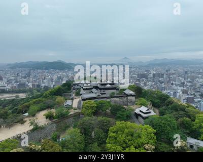 Luftbild von Matsuyama Castle an einem bewölkten Tag. Stockfoto