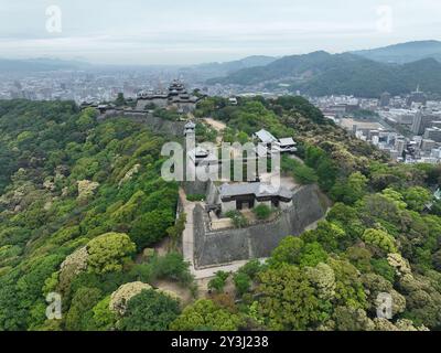 Luftbild von Matsuyama Castle an einem bewölkten Tag. Stockfoto