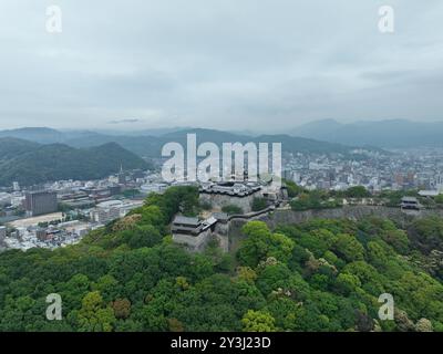 Luftbild von Matsuyama Castle an einem bewölkten Tag. Stockfoto