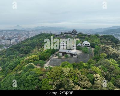 Luftbild von Matsuyama Castle an einem bewölkten Tag. Stockfoto