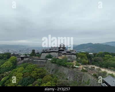 Luftbild von Matsuyama Castle an einem bewölkten Tag. Stockfoto