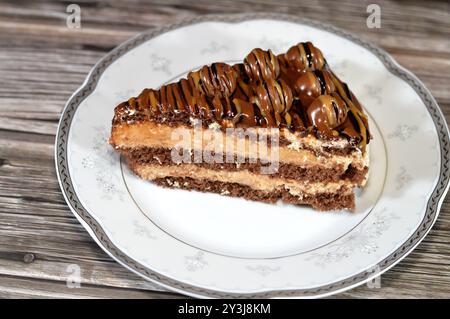 Ein dreieckiges, schwammiges Kuchenstück aus Schokolade, gefüllt mit Schichten Schokoladenpaste Creme und Kugelstücken, mit Kuchenschichten, serviert auf einer Platte Stockfoto