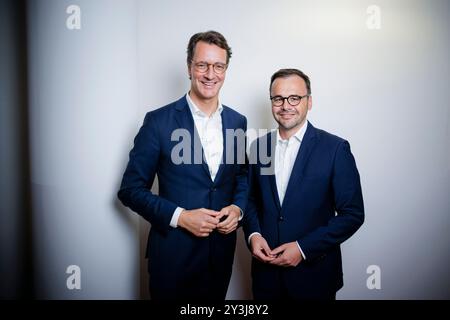 Interview mit Hendrik Wuest, CDU, Ministerpräsident von Nordrhein-Westfalen, und Jan Redmann, Landesvorsitzender der CDU Brandenburg. Berlin, 28. August 2024. Stockfoto