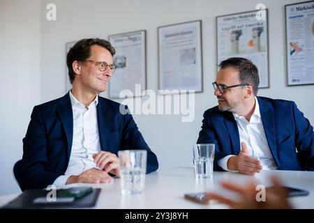 Interview mit Hendrik Wuest, CDU, Ministerpräsident von Nordrhein-Westfalen, und Jan Redmann, Landesvorsitzender der CDU Brandenburg. Berlin, 28. August 2024. Stockfoto