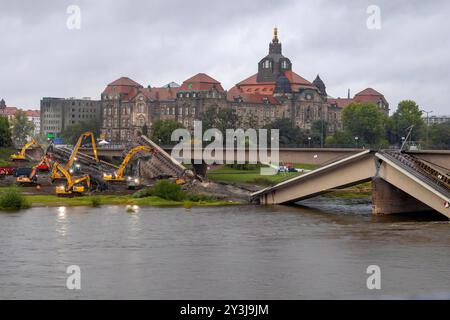 Am Abend des zweiten Tages nach dem teilweisen Einsturz der Carolabrücke in Dresden sind die Abrißarbeiten in vollem Gange. Zuvor ist ein Teil der Brücke auf einer Länge von rund 100 Metern eingestürzt. Zahlreiche Schaulustige und Katastrophen-Touristen kommen an die Elbe um einen Blick auf die eingestürzten Brückenteile zu werfen und Handyfotos zu machen. Die Carolabrücke ist eine der vier Elbbrücken in der Dresdner Innenstadt. Sie werden im Süden in der Altstadt durch den Rathenauplatz und im Norden in der Inneren Neustadt durch den Carolaplatz begrenzt. Von 1971 bis 1991 trug die Brücke nach Stockfoto