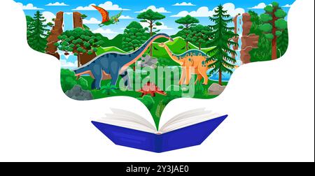 Schulbuch mit prähistorischen Dinosauriern in der Jurassic-Ära-Landschaft. Vektor-Storytelling-Rahmen mit Dino-Arten tauchen auf den Seiten eines offenen Buches auf. Fantasievolle Abenteuer und Entdeckungsgeschichte Stock Vektor