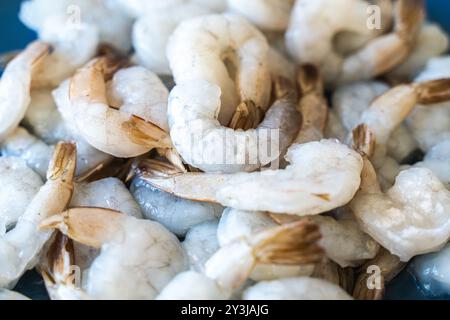 Gefrorene, rohe Garnelen. Textur: Hintergrund der Königsgarnelen. Fisch und Meeresfrüchte an der Theke. Fischmarkt. Nahaufnahme von Meeresfrüchten. Foto von Garnelen in einem Supermarkt. Ganz Stockfoto