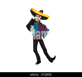 Cartoon Day of the Dead DIA de los muertos mexikanischer Mariachi-Musiker Skelett trägt traditionellen Sombrero, spielt leidenschaftlich Akkordeon und feiert festliche Veranstaltungen mit lebhafter Musik Stock Vektor