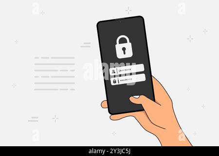 Halten Sie ein Smartphone in der Hand, um Benutzernamen und Passwort auf dem Bildschirm anzumelden. Datenschutz Online-Schutz für Mobiltelefonanwendungen. Vektorabbildung. Stock Vektor