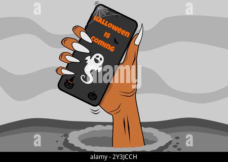 Eine Zombiehand kommt aus dem Boden und hält ein Handy mit Halloween auf dem Bildschirm. Happy Halloween Konzept. Vektorillustrat Stock Vektor