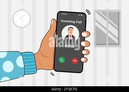 Hand hält ein Smartphone mit eingehendem Anruf von Boss in der Nacht außerhalb der Geschäftszeiten. Recht auf Trennung. Vektorabbildung. Stock Vektor