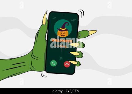 Grüne Zombiehand hält ein Smartphone mit Anruf von Halloween Kürbis auf dem Bildschirm. Vektorabbildung. Stock Vektor