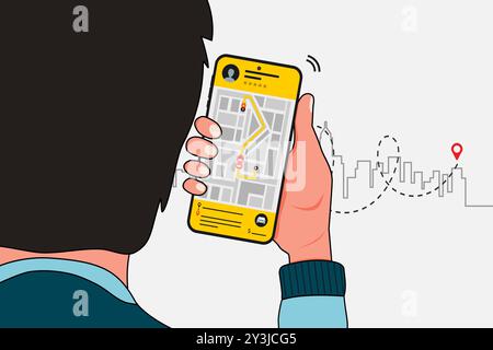 Ein Mann, der online ein Taxi mit der mobilen App auf dem Smartphone bestellt. Online-Taxibuchung. Vektorabbildung. Stock Vektor