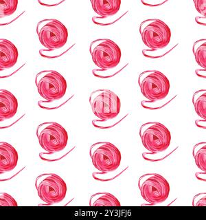 Nahtloses Aquarellmuster. Stricken, Kugeln aus rosafarbenem Garn, handgezeichnete Wolle mit Aquarell. Hobby. Aquarellabbildung. Geeignet zum Drucken Stockfoto