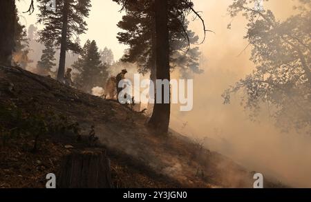 Kalifornien, USA. September 2024. Feuerwehrleute kämpfen gegen das Brückenfeuer im Angeles National Forest nahe der Grenze zwischen Los Angeles und San Bernardino County in Kalifornien, USA, am 13. September 2024. Das Brückenfeuer, das im Angeles National Forest im Los Angeles County ausgebrochen ist, hat sich auf das San Bernardino County in Kalifornien ausgebreitet. Quelle: Qiu Chen/Xinhua/Alamy Live News Stockfoto