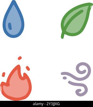 Vektorsatz von Hand gezeichnet, Kritzele 4 Naturelemente, Wasser, Feuer, Luft, Erde Stock Vektor
