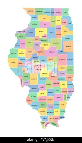 Illinois, US-Bundesstaat, unterteilt in 102 Countys, mehrfarbige politische Karte mit Hauptstadt Springfield, Grenzen und County-Namen. Stockfoto